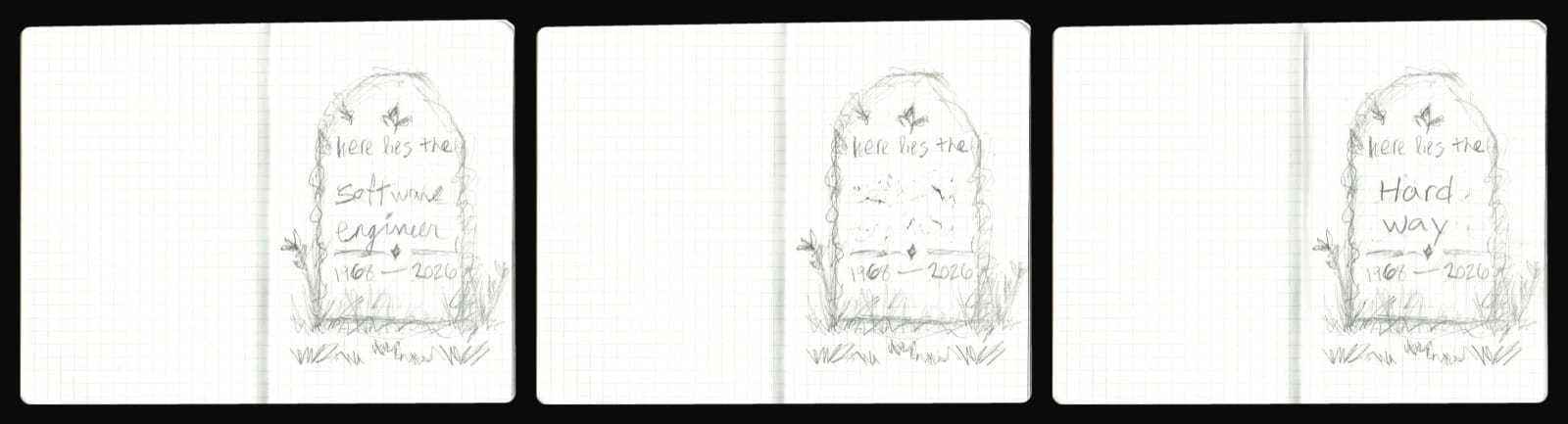 Three scans of the same notebook page: the headstone reading Software Engineer, the name rubbed out, and Hard Way written in
