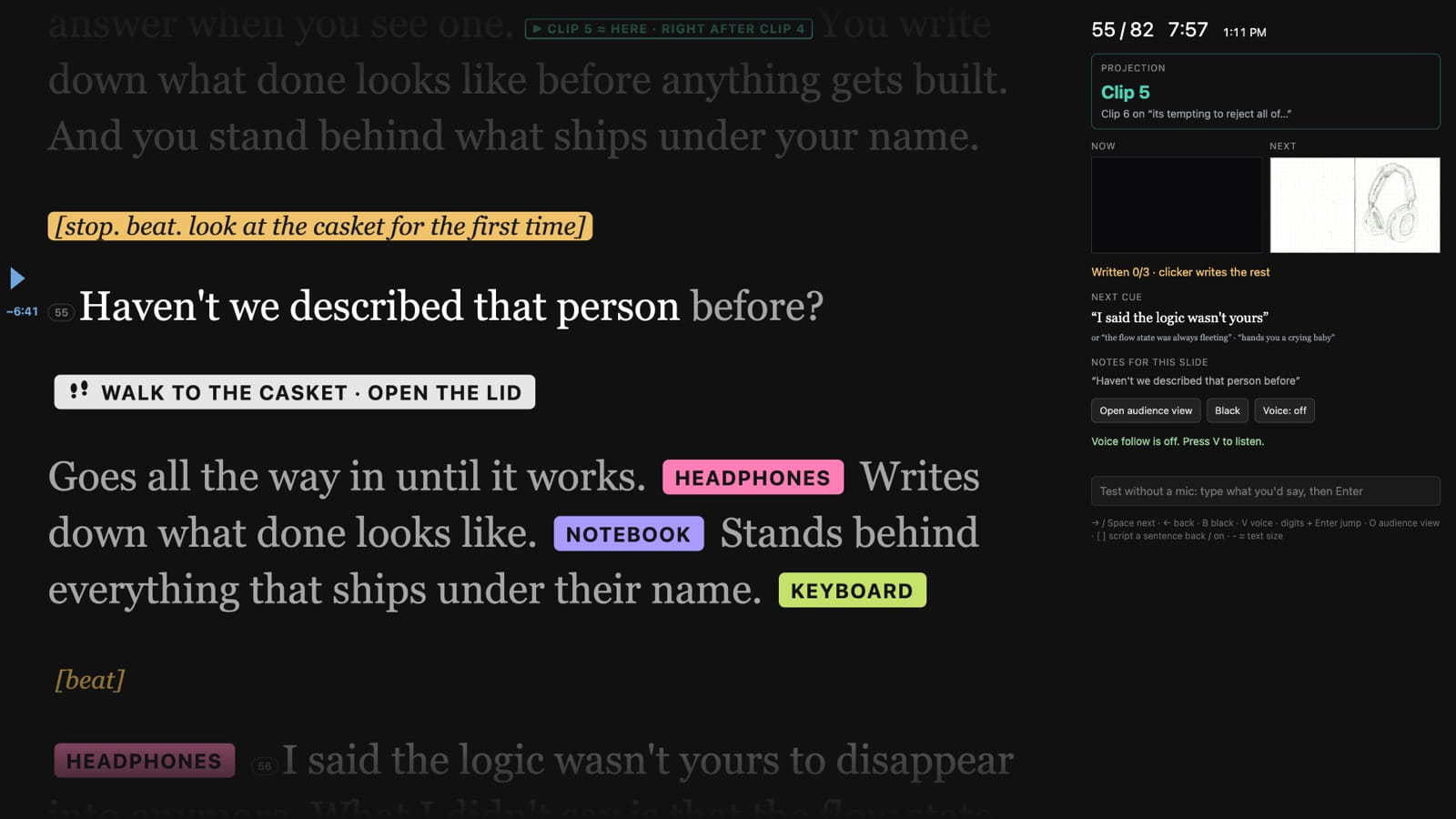 The presenter view: the script huge on the left with colored prop tags, the slide and next cue on the right